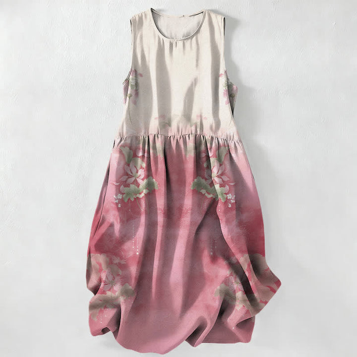 Buddha Stones Summer Casual Gradient Floral Leaves Pattern Women's Summer Sleeveless Midi Dress With Pockets - LightPink - US16，UK/AU20，EU48 (3XL) - image 0