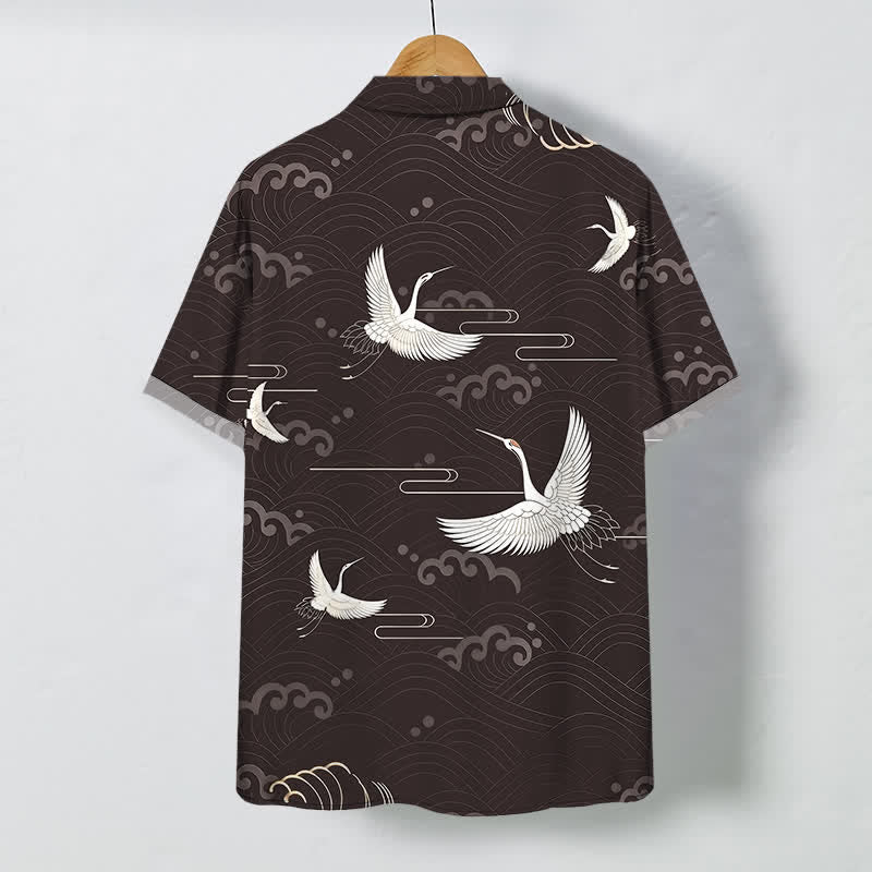Buddha Stones Crane Cloud Wave Pattern Buttons Breathable Men's Short Sleeve Shirt - image 1