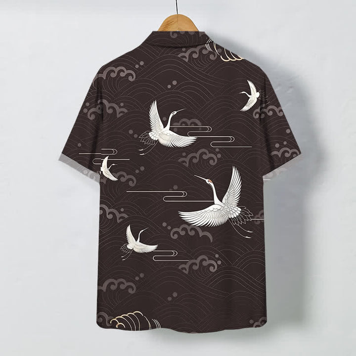 Buddha Stones Crane Cloud Wave Pattern Buttons Breathable Men's Short Sleeve Shirt - image 1