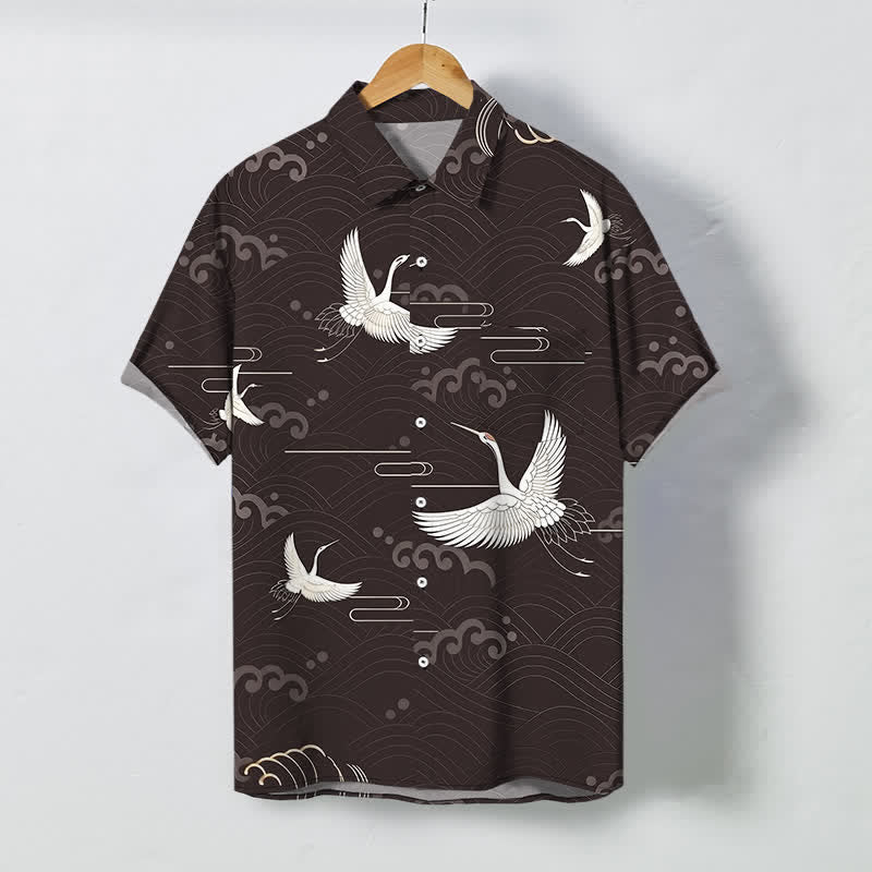 Buddha Stones Crane Cloud Wave Pattern Buttons Breathable Men's Short Sleeve Shirt - SaddleBrown - US/UK/AU48，EU58 (4XL) - image 0