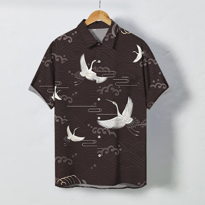 Buddha Stones Crane Cloud Wave Pattern Buttons Breathable Men's Short Sleeve Shirt - SaddleBrown - US/UK/AU48，EU58 (4XL) - image 0