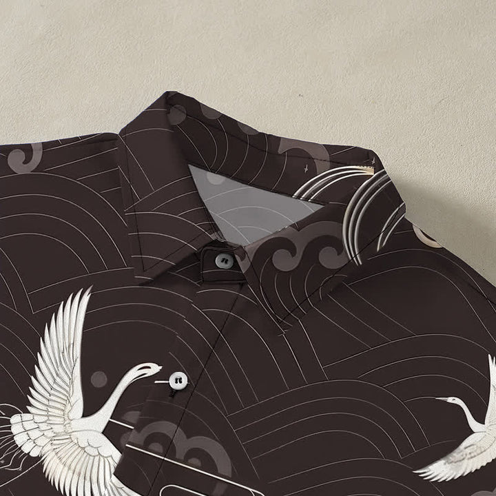 Buddha Stones Crane Cloud Wave Pattern Buttons Breathable Men's Short Sleeve Shirt - image 2