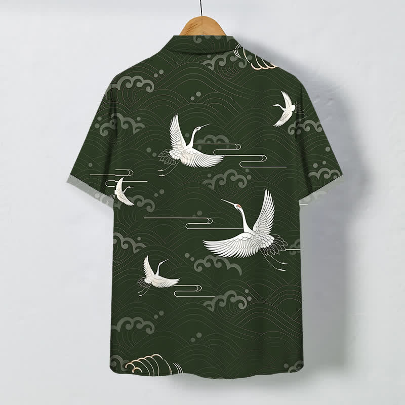 Buddha Stones Crane Cloud Wave Pattern Buttons Breathable Men's Short Sleeve Shirt - image 6