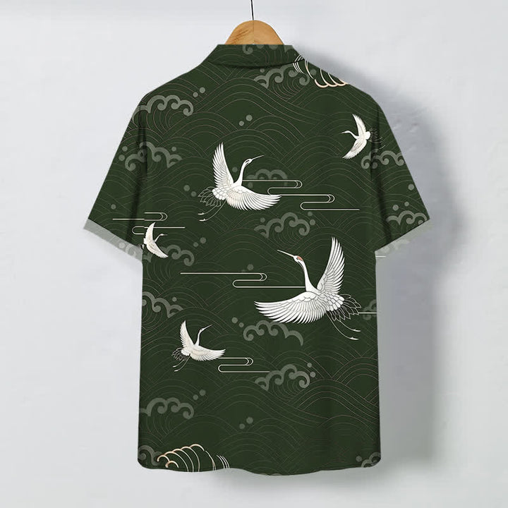 Buddha Stones Crane Cloud Wave Pattern Buttons Breathable Men's Short Sleeve Shirt - image 6