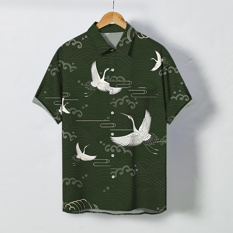Buddha Stones Crane Cloud Wave Pattern Buttons Breathable Men's Short Sleeve Shirt - DarkGreen - US/UK/AU48，EU58 (4XL) - image 5