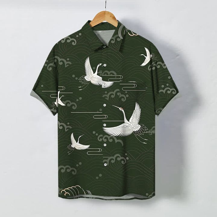 Buddha Stones Crane Cloud Wave Pattern Buttons Breathable Men's Short Sleeve Shirt - DarkGreen - US/UK/AU48，EU58 (4XL) - image 5