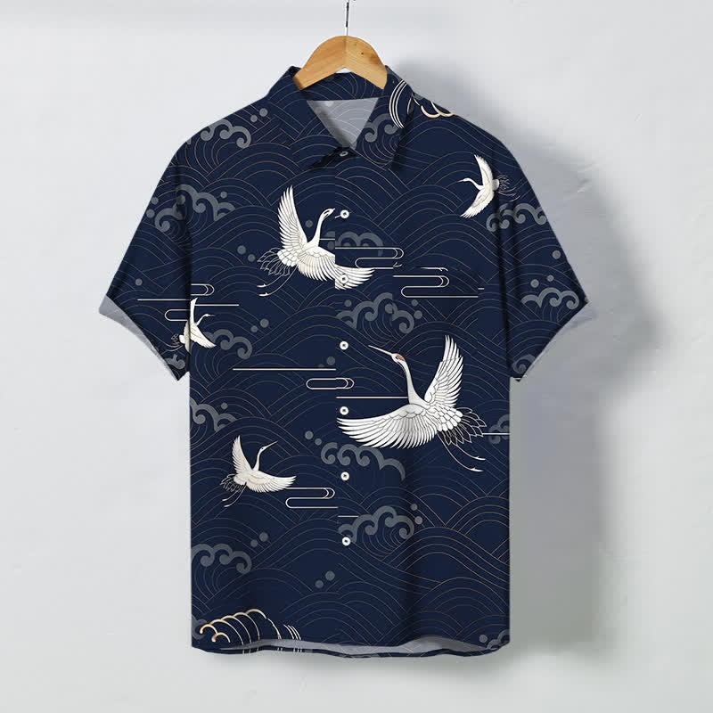 Buddha Stones Crane Cloud Wave Pattern Buttons Breathable Men's Short Sleeve Shirt - Navy - US/UK/AU48，EU58 (4XL) - image 10