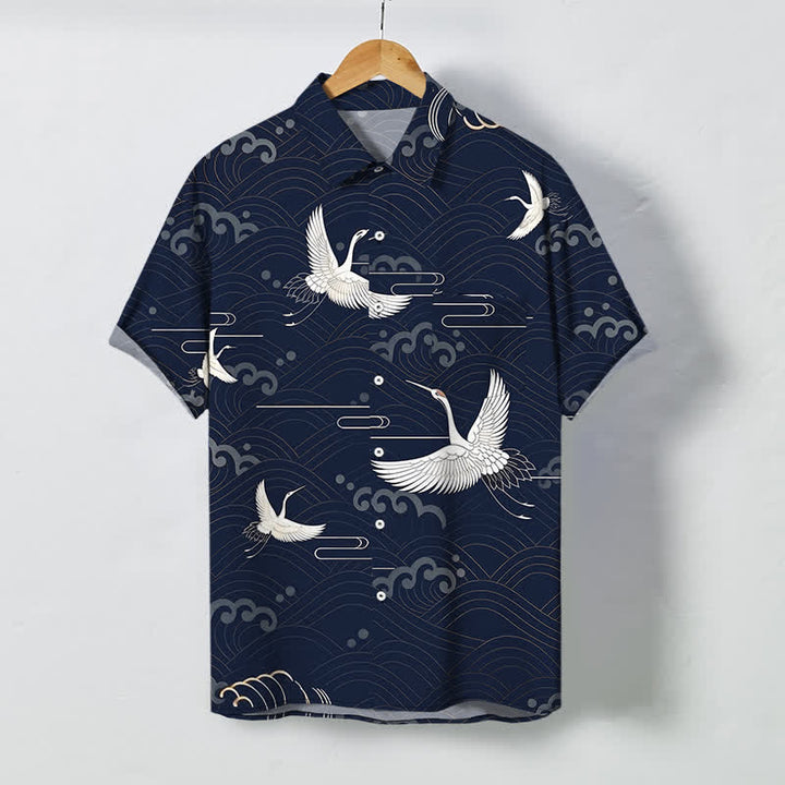 Buddha Stones Crane Cloud Wave Pattern Buttons Breathable Men's Short Sleeve Shirt - Navy - US/UK/AU48，EU58 (4XL) - image 10