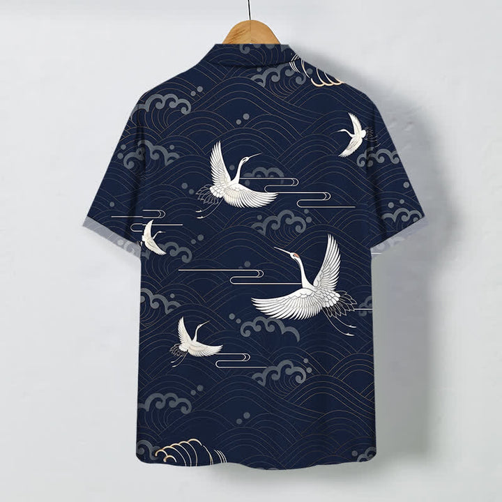 Buddha Stones Crane Cloud Wave Pattern Buttons Breathable Men's Short Sleeve Shirt - image 11