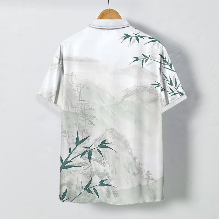 Buddha Stones Ink Landscape Bamboo Pattern Buttons Breathable Men's Short Sleeve Shirt - image 1