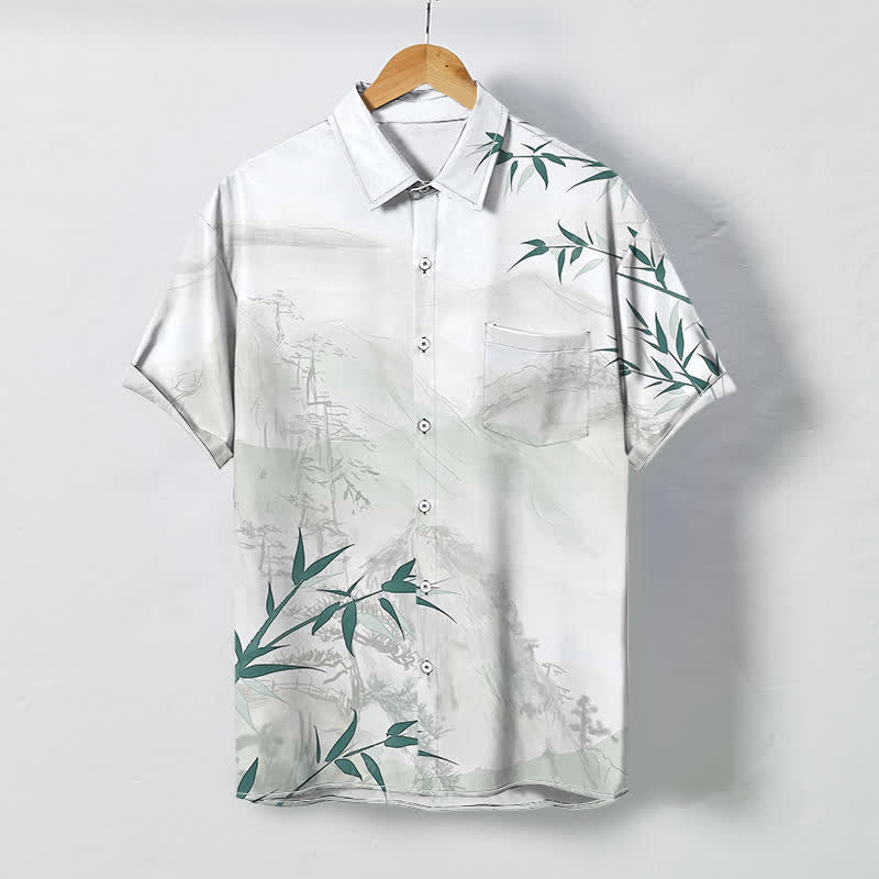 Buddha Stones Ink Landscape Bamboo Pattern Buttons Breathable Men's Short Sleeve Shirt - White - US/UK/AU48，EU58 (4XL) - image 0