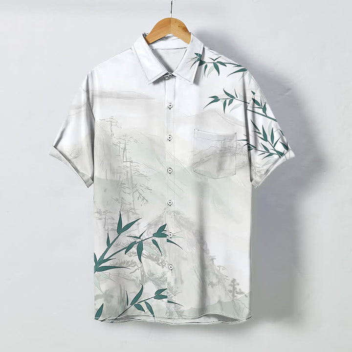 Buddha Stones Ink Landscape Bamboo Pattern Buttons Breathable Men's Short Sleeve Shirt - White - US/UK/AU48，EU58 (4XL) - image 0