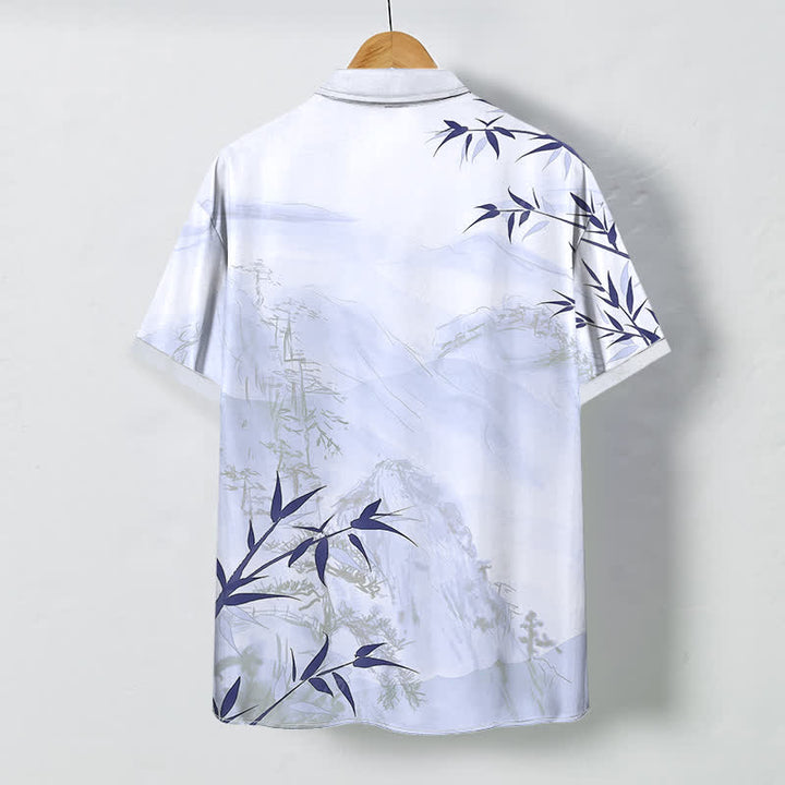 Buddha Stones Ink Landscape Bamboo Pattern Buttons Breathable Men's Short Sleeve Shirt - image 4