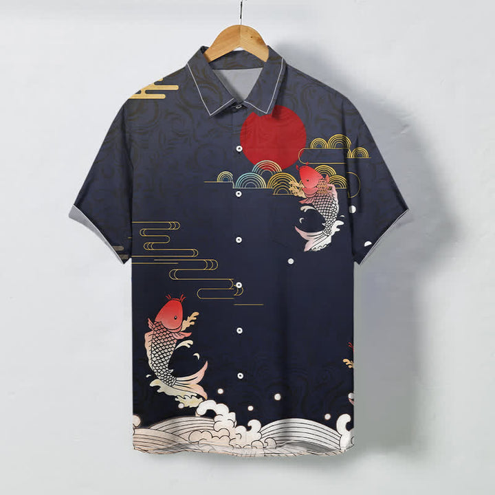 Buddha Stones Red Koi Fish Wave Red Sun Pattern Buttons Breathable Men's Short Sleeve Shirt - Navy - US/UK/AU48，EU58 (4XL) - image 0
