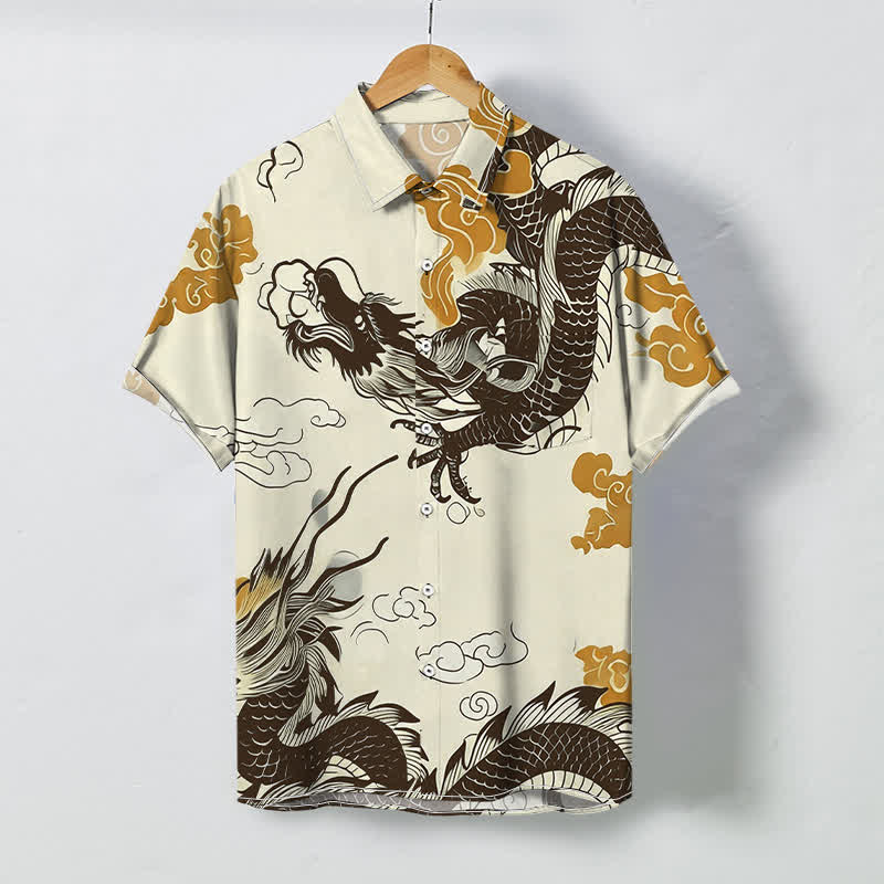 Buddha Stones Oriental Dragon Cloud Pattern Buttons Wrinkle-resistant Men's Short Sleeve Shirt - Cornsilk - US/UK/AU48，EU58 (4XL) - image 0
