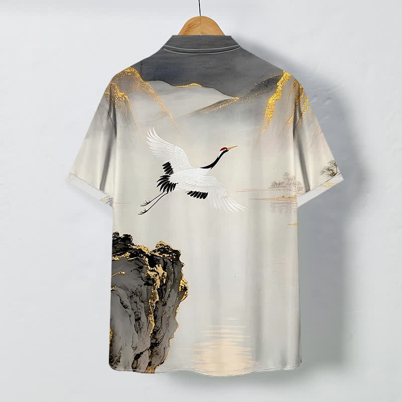 Buddha Stones Ink Crane Mountain Pattern Buttons Wrinkle-resistant Men's Short Sleeve Shirt - image 1