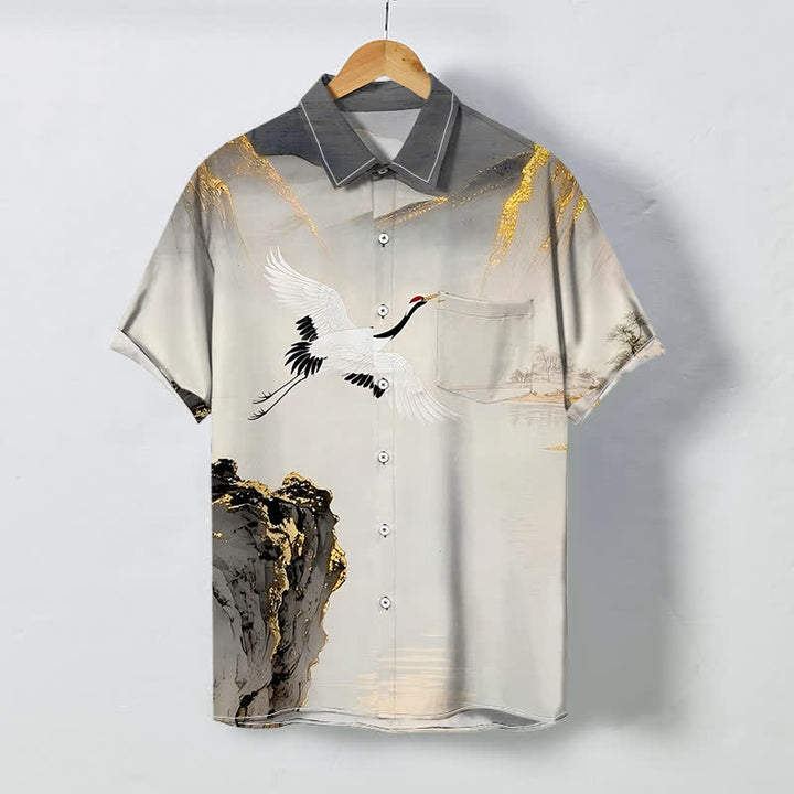 Buddha Stones Ink Crane Mountain Pattern Buttons Wrinkle-resistant Men's Short Sleeve Shirt - Gray - US/UK/AU48，EU58 (4XL) - image 0
