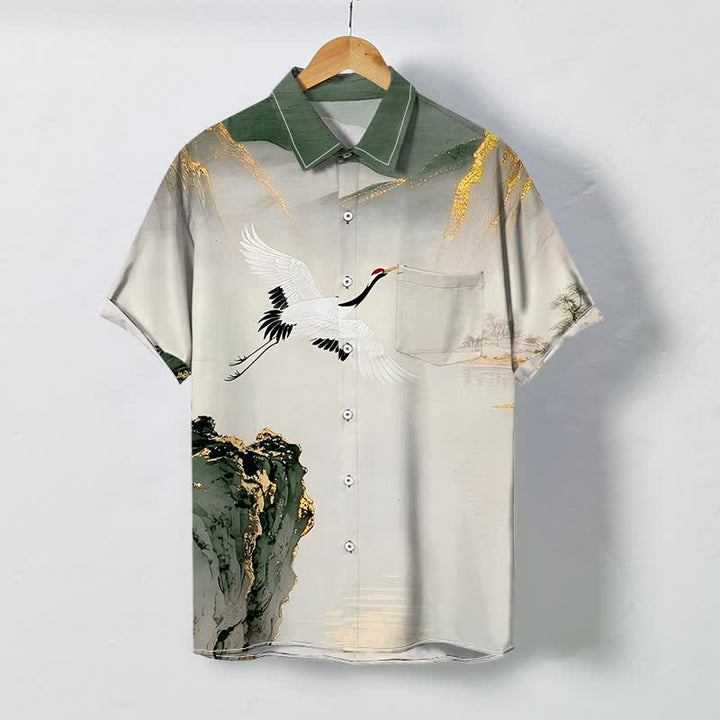 Buddha Stones Ink Crane Mountain Pattern Buttons Wrinkle-resistant Men's Short Sleeve Shirt - DarkSeaGreen - US/UK/AU48，EU58 (4XL) - image 3