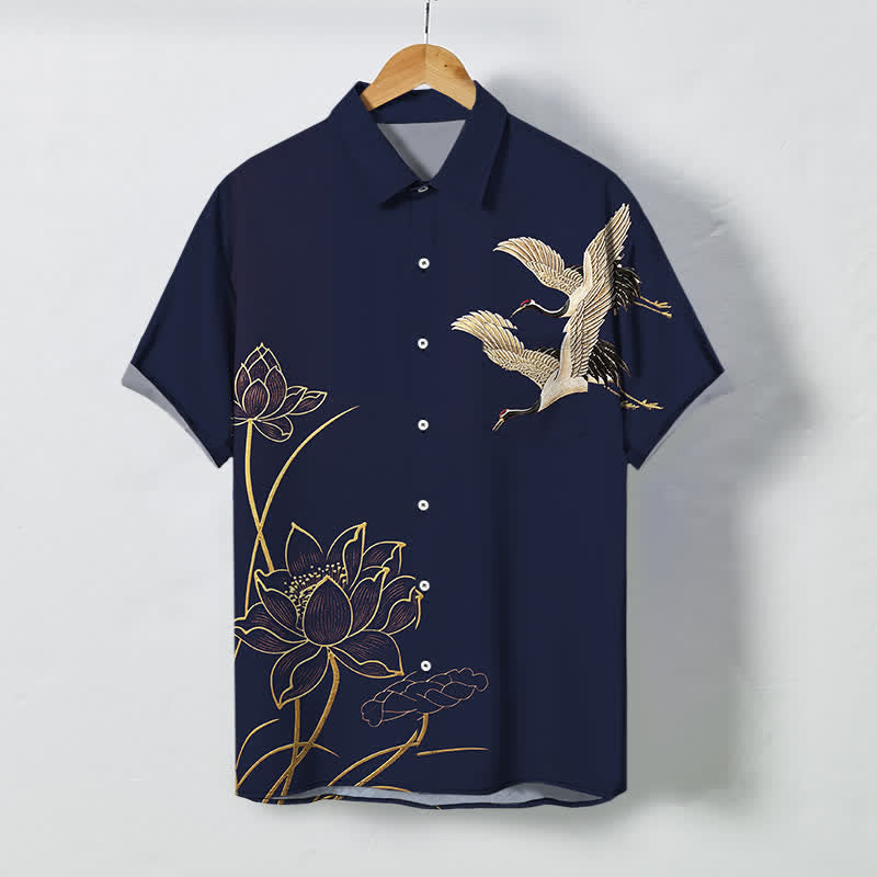 Buddha Stones Crane Lotus Pattern Buttons Breathable Men's Short Sleeve Shirt - Navy - US/UK/AU48，EU58 (4XL) - image 5