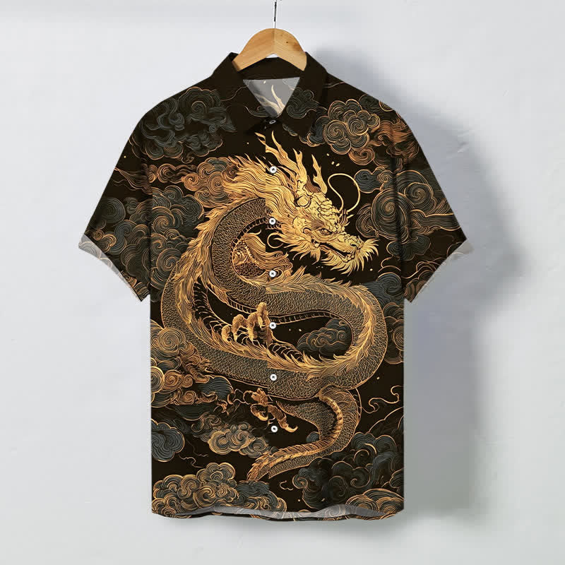 Buddha Stones Golden Dragon Cloud Pattern Buttons Wrinkle-resistant Men's Short Sleeve Shirt - SaddleBrown - US/UK/AU48，EU58 (4XL) - image 0