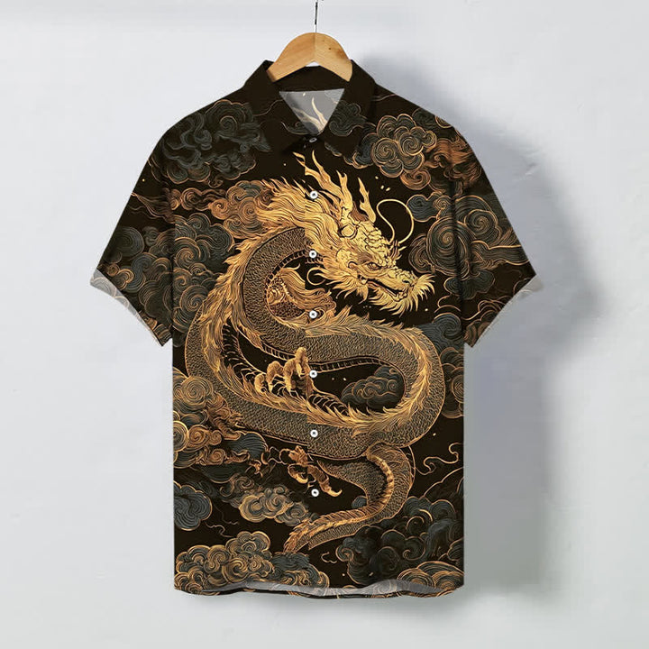 Buddha Stones Golden Dragon Cloud Pattern Buttons Wrinkle-resistant Men's Short Sleeve Shirt - SaddleBrown - US/UK/AU48，EU58 (4XL) - image 0