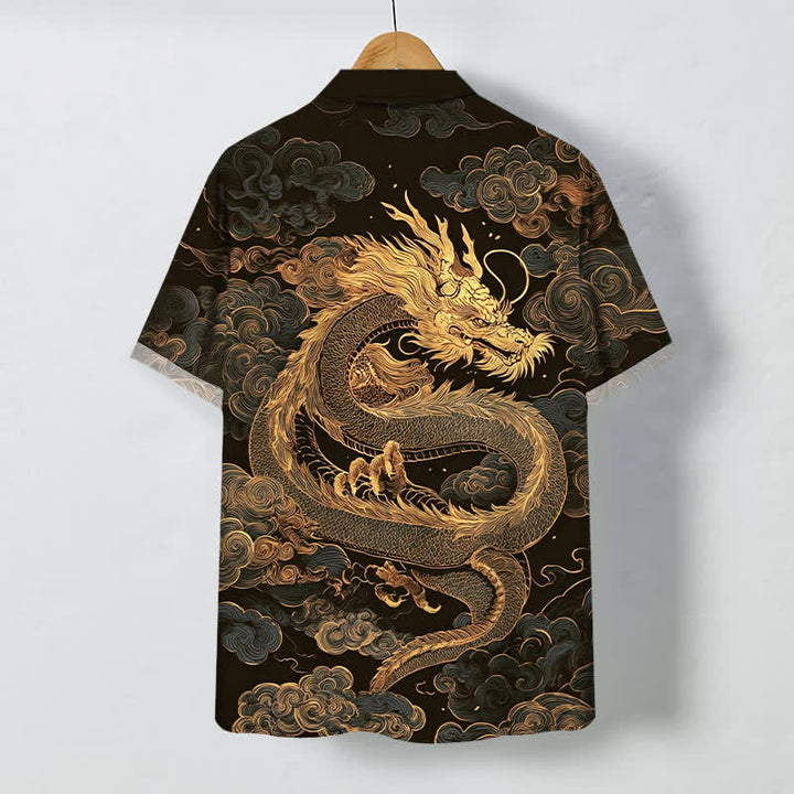 Buddha Stones Golden Dragon Cloud Pattern Buttons Wrinkle-resistant Men's Short Sleeve Shirt - image 1