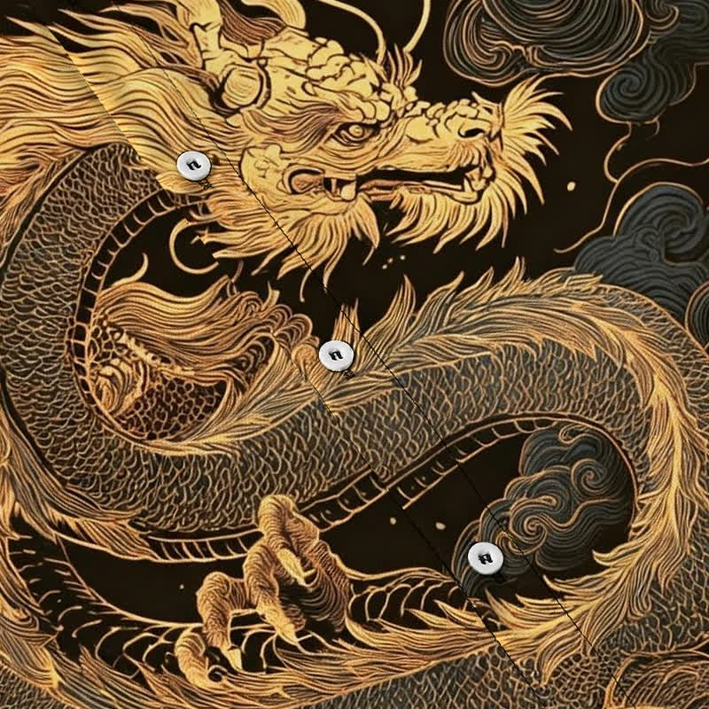 Buddha Stones Golden Dragon Cloud Pattern Buttons Wrinkle-resistant Men's Short Sleeve Shirt - image 3