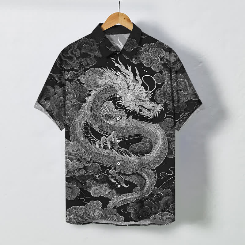 Buddha Stones Golden Dragon Cloud Pattern Buttons Wrinkle-resistant Men's Short Sleeve Shirt - Black - US/UK/AU48，EU58 (4XL) - image 5