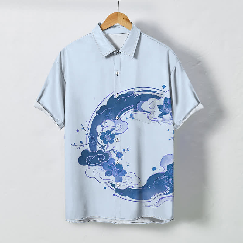 Buddha Stones Oriental Floral Lotus Peach Blossoms Cloud Pattern Buttons Breathable Men's Short Sleeve Shirt - LightBlue - US/UK/AU48，EU58 (4XL) - image 3