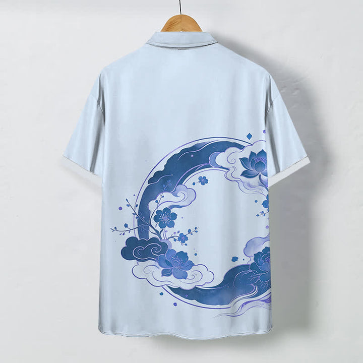 Buddha Stones Oriental Floral Lotus Peach Blossoms Cloud Pattern Buttons Breathable Men's Short Sleeve Shirt - image 4