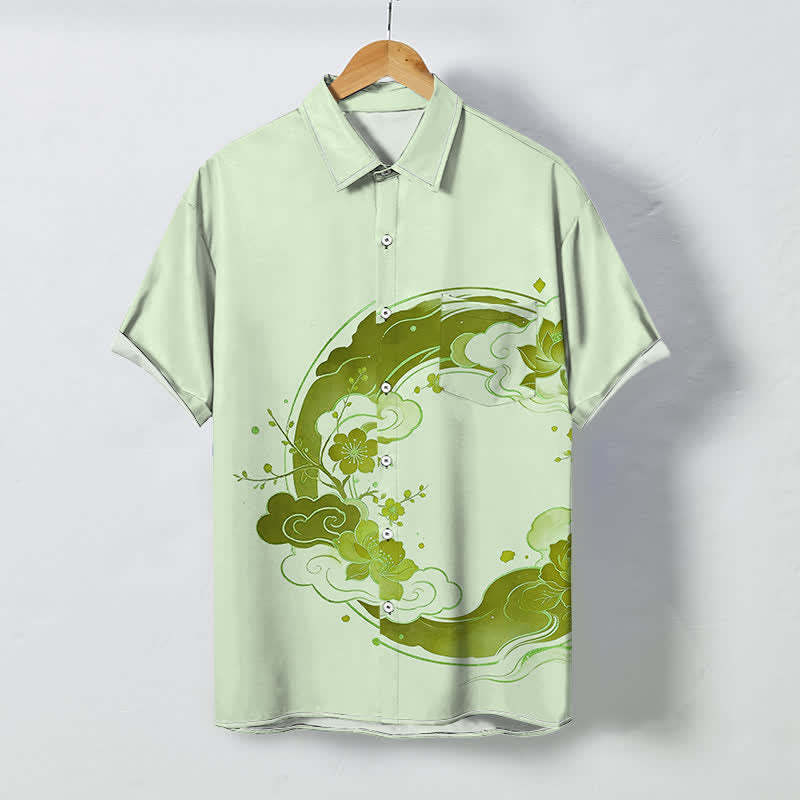 Buddha Stones Oriental Floral Lotus Peach Blossoms Cloud Pattern Buttons Breathable Men's Short Sleeve Shirt - Honeydew - US/UK/AU48，EU58 (4XL) - image 6