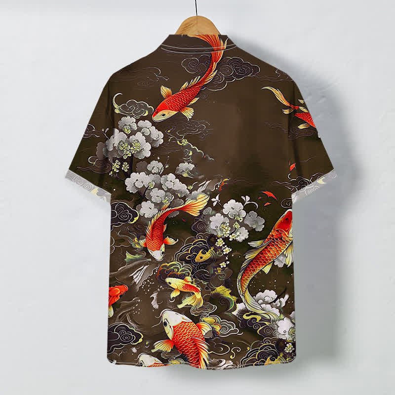 Buddha Stones Red Koi Fish Cloud Wave White Floral Pattern Buttons Wrinkle-resistant Men's Short Sleeve Shirt - image 7