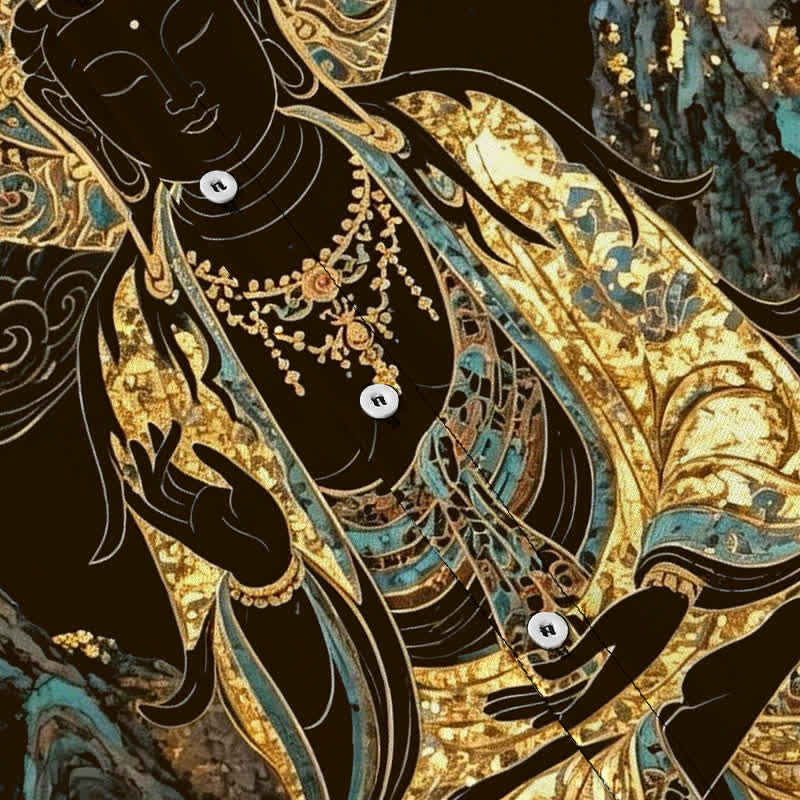 Buddha Stones Golden Buddha Cloud Pattern Buttons Wrinkle-resistant Men's Short Sleeve Shirt - image 3