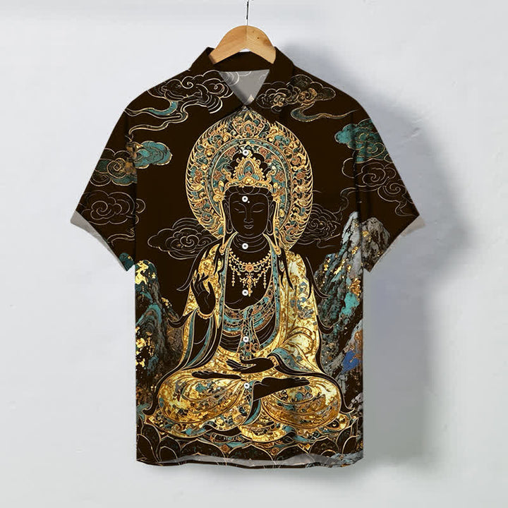 Buddha Stones Golden Buddha Cloud Pattern Buttons Wrinkle-resistant Men's Short Sleeve Shirt - SaddleBrown - US/UK/AU48，EU58 (4XL) - image 0