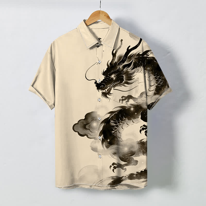 Buddha Stones Ink Dragon Cloud Pattern Buttons Wrinkle-resistant Men's Short Sleeve Shirt - Linen - US/UK/AU48，EU58 (4XL) - image 3