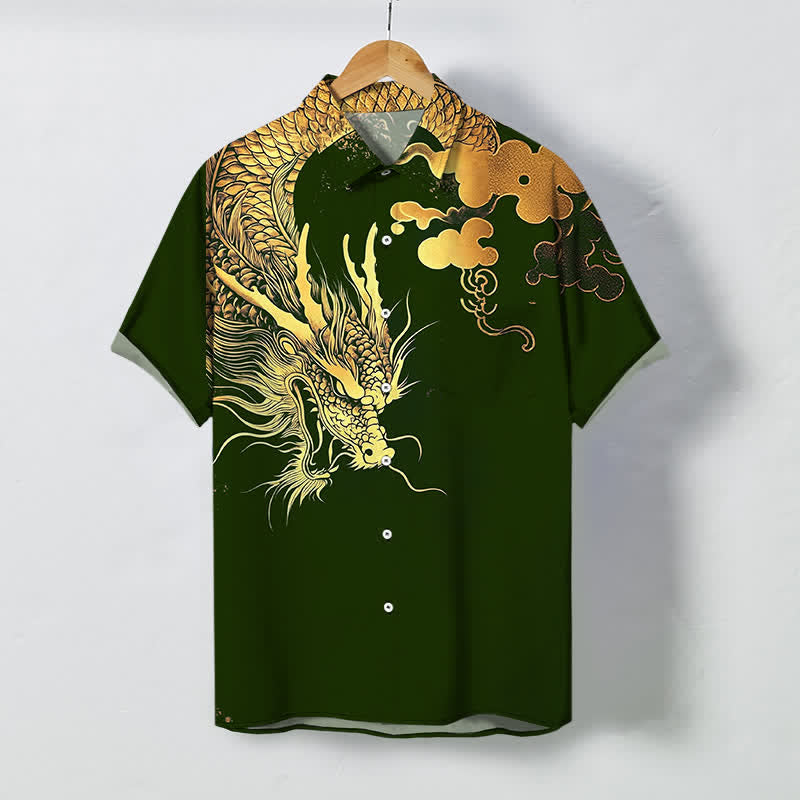 Buddha Stones Golden Dragon Cloud Pattern Buttons Wrinkle-resistant Men's Short Sleeve Shirt - DarkGreen - US/UK/AU48，EU58 (4XL) - image 10