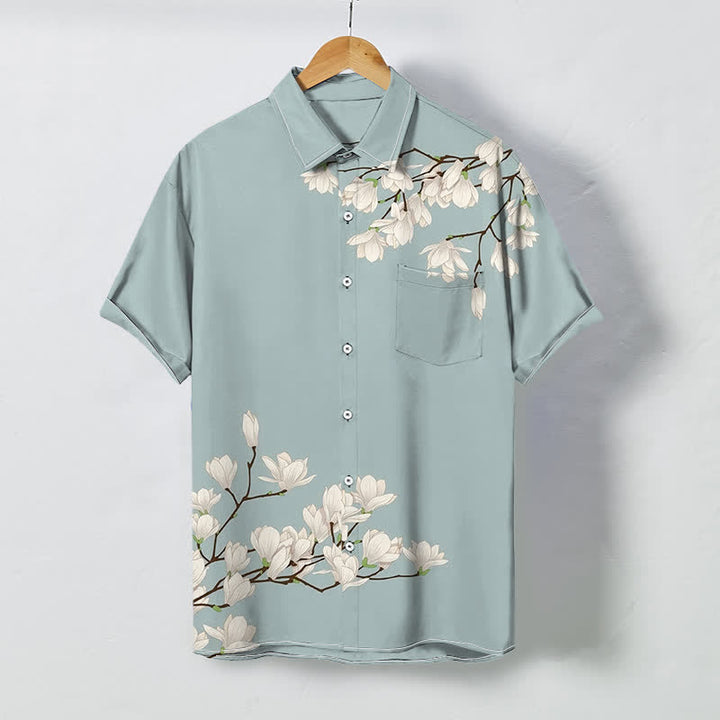 Buddha Stones White Magnolia Floral Pattern Buttons Wrinkle-resistant Men's Short Sleeve Shirt - PowderBlue - US/UK/AU48，EU58 (4XL) - image 0