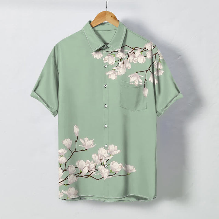Buddha Stones White Magnolia Floral Pattern Buttons Wrinkle-resistant Men's Short Sleeve Shirt - LightGreen - US/UK/AU48，EU58 (4XL) - image 3