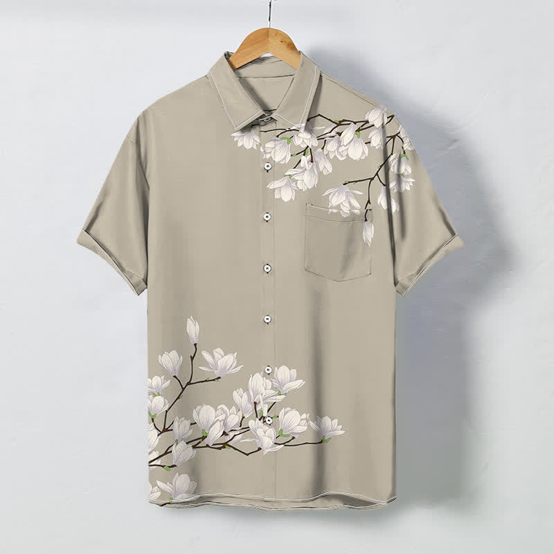 Buddha Stones White Magnolia Floral Pattern Buttons Wrinkle-resistant Men's Short Sleeve Shirt - BurlyWood - US/UK/AU48，EU58 (4XL) - image 6