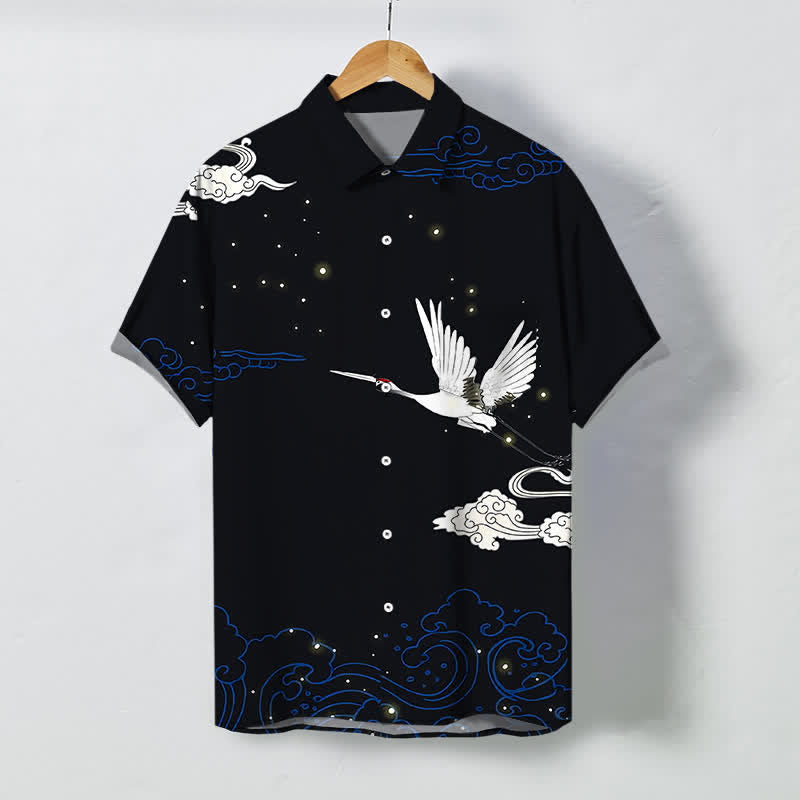 Buddha Stones Flying Crane Cloudwave Pattern Buttons Wrinkle-resistant Men's Short Sleeve Shirt - Black - US/UK/AU48，EU58 (4XL) - image 0