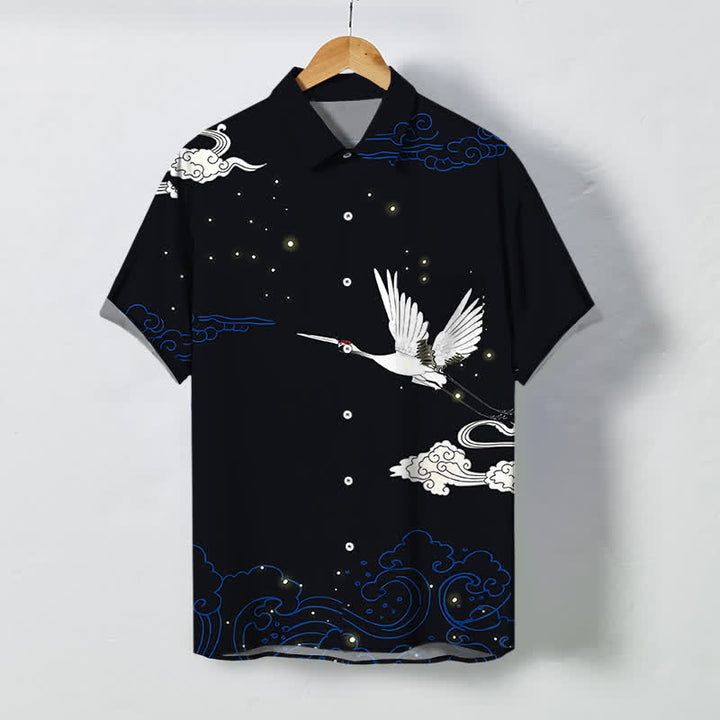 Buddha Stones Flying Crane Cloudwave Pattern Buttons Wrinkle-resistant Men's Short Sleeve Shirt - Black - US/UK/AU48，EU58 (4XL) - image 0