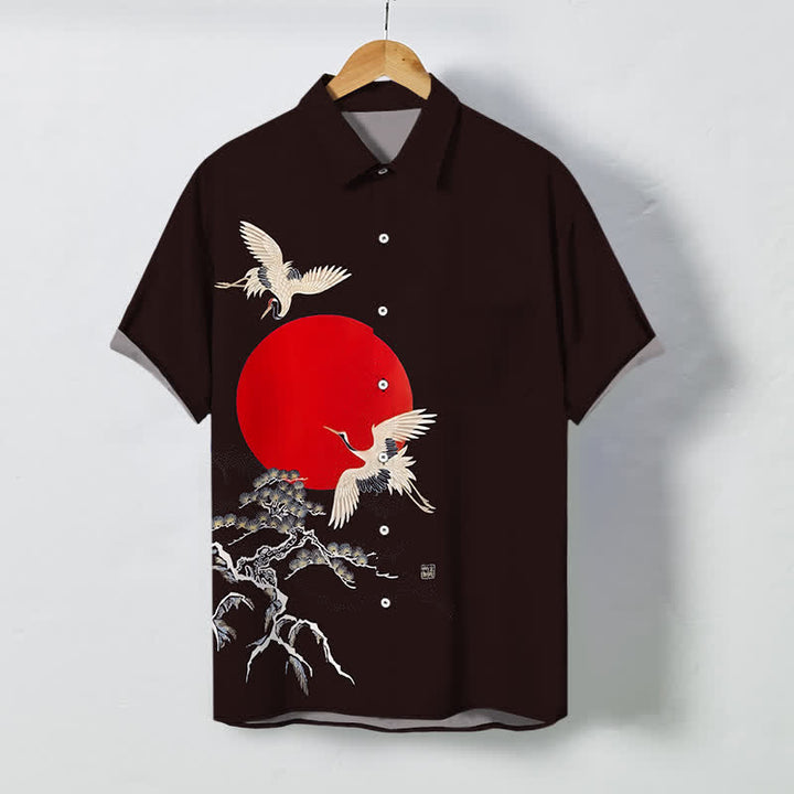 Buddha Stones Red Sun Crane Pine Pattern Buttons Wrinkle-resistant Men's Short Sleeve Shirt - SaddleBrown - US/UK/AU48，EU58 (4XL) - image 10