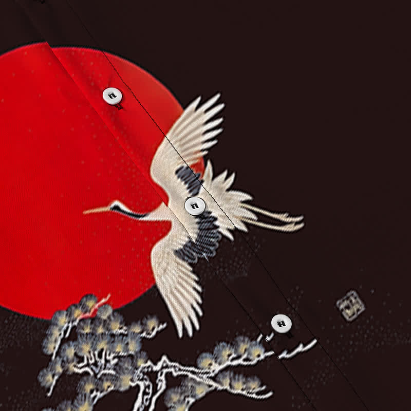 Buddha Stones Red Sun Crane Pine Pattern Buttons Wrinkle-resistant Men's Short Sleeve Shirt - image 13
