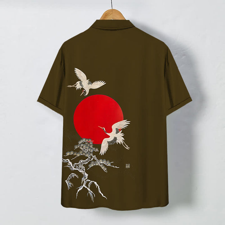 Buddha Stones Red Sun Crane Pine Pattern Buttons Wrinkle-resistant Men's Short Sleeve Shirt - image 6