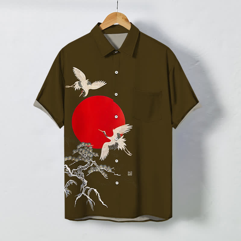 Buddha Stones Red Sun Crane Pine Pattern Buttons Wrinkle-resistant Men's Short Sleeve Shirt - DarkGoldenrod - US/UK/AU48，EU58 (4XL) - image 5