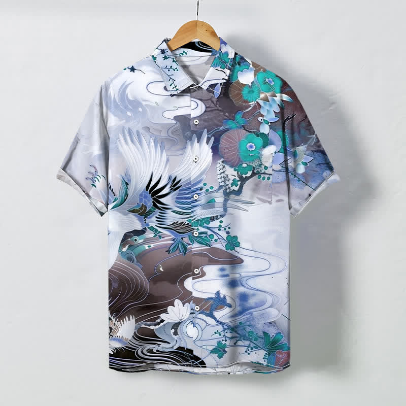 Buddha Stones Crane Wave Floral Pattern Buttons Breathable Men's Short Sleeve Shirt - LightBlue - US/UK/AU48，EU58 (4XL) - image 3