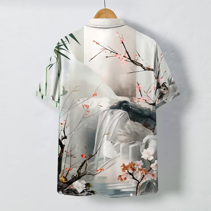 Buddha Stones Ink Landscape Crane Blossom Pattern Buttons Wrinkle-resistant Men's Short Sleeve Shirt - image 1