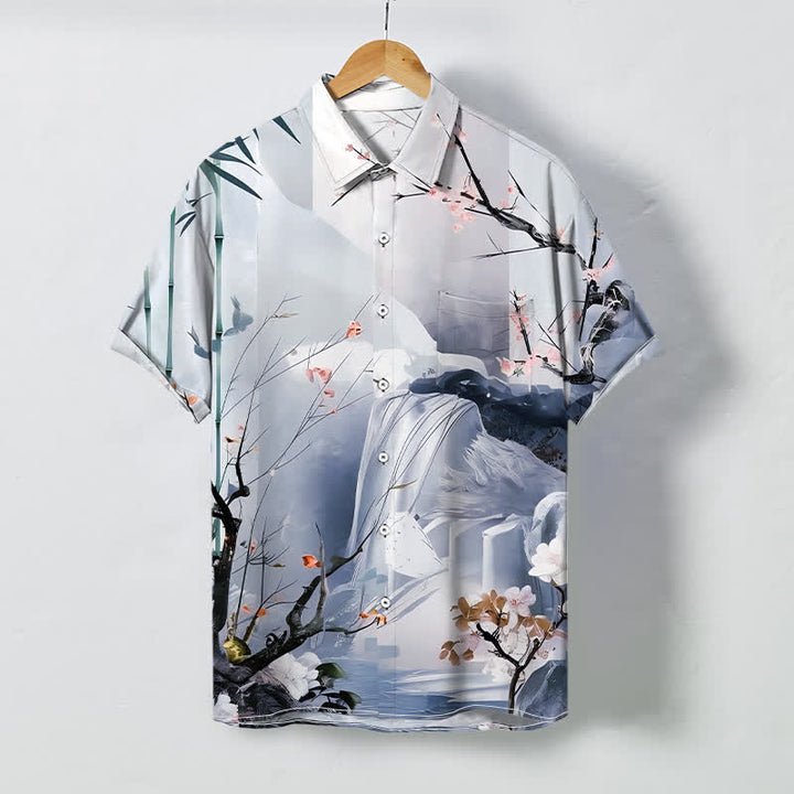 Buddha Stones Ink Landscape Crane Blossom Pattern Buttons Wrinkle-resistant Men's Short Sleeve Shirt - AliceBlue - US/UK/AU48，EU58 (4XL) - image 6