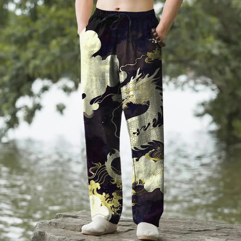 Buddha Stones Cotton Dragon Cloud Pattern Men's Tapered Pants With Pockets - Black - US/UK/AU50，EU60 (5XL) - image 6