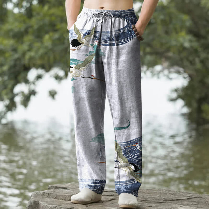 Buddha Stones Cotton White Crane Wave Pattern Men's Tapered Pants With Pockets - AliceBlue - US/UK/AU50，EU60 (5XL) - image 4